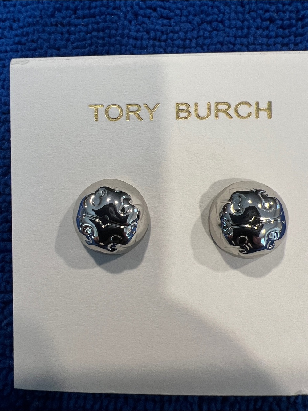 Tory Burch Silver Logo Dome Stud Earrings - Polished Emblem